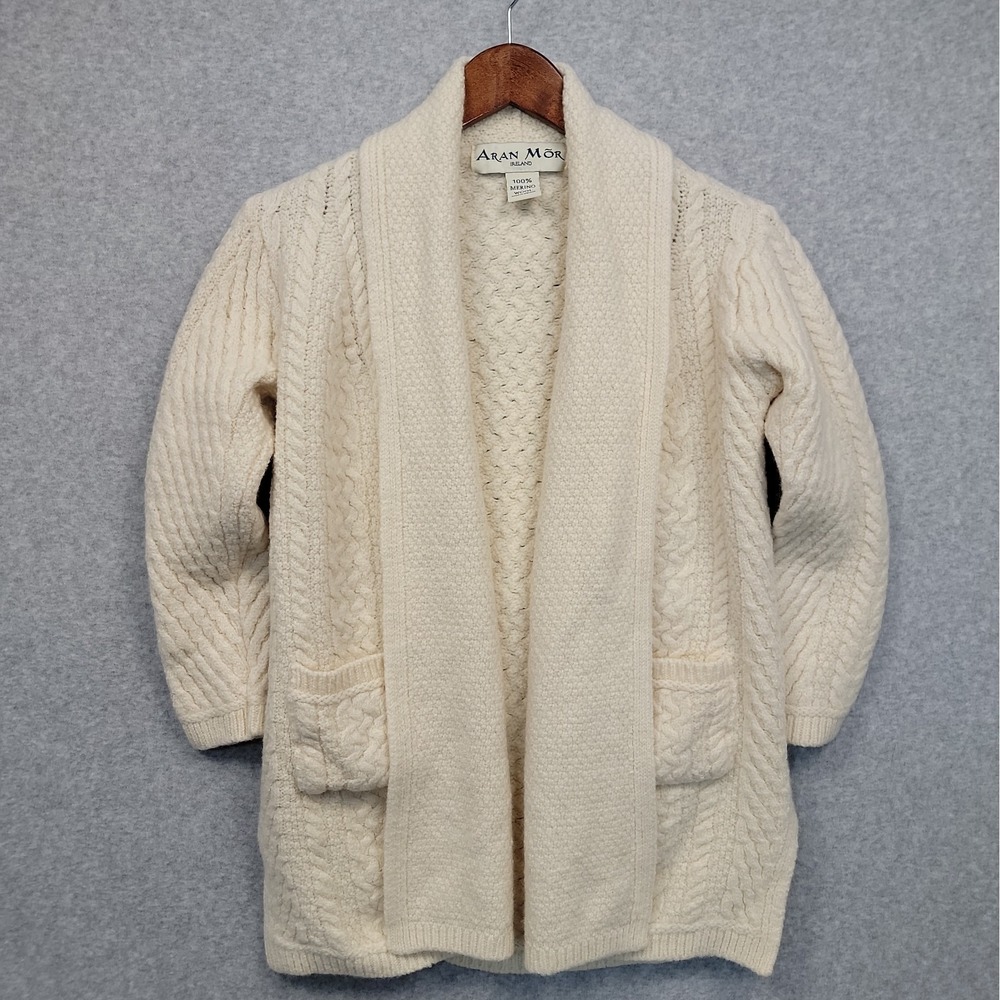 Aran Mor Ireland 100% Merino Wool Cable Cream Cardigan Sweater Open Front Sz S